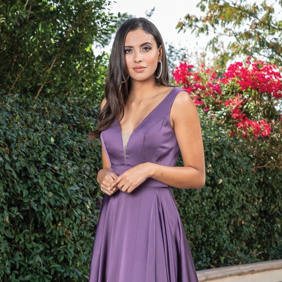 New A-Line Satin Bridesmaid Dress w/ Illusion Plunging Neck & V-Back DQ 4304A - Picture 7 of 9